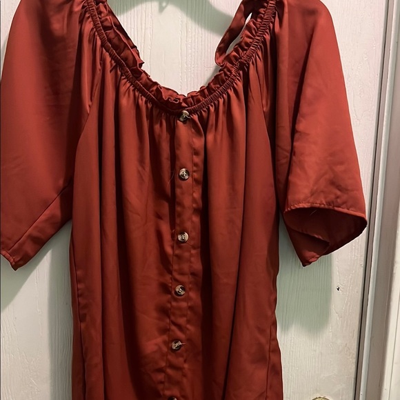 Brown Ruched Neckline Blouse with Relaxed Fit - Picture 2 of 8